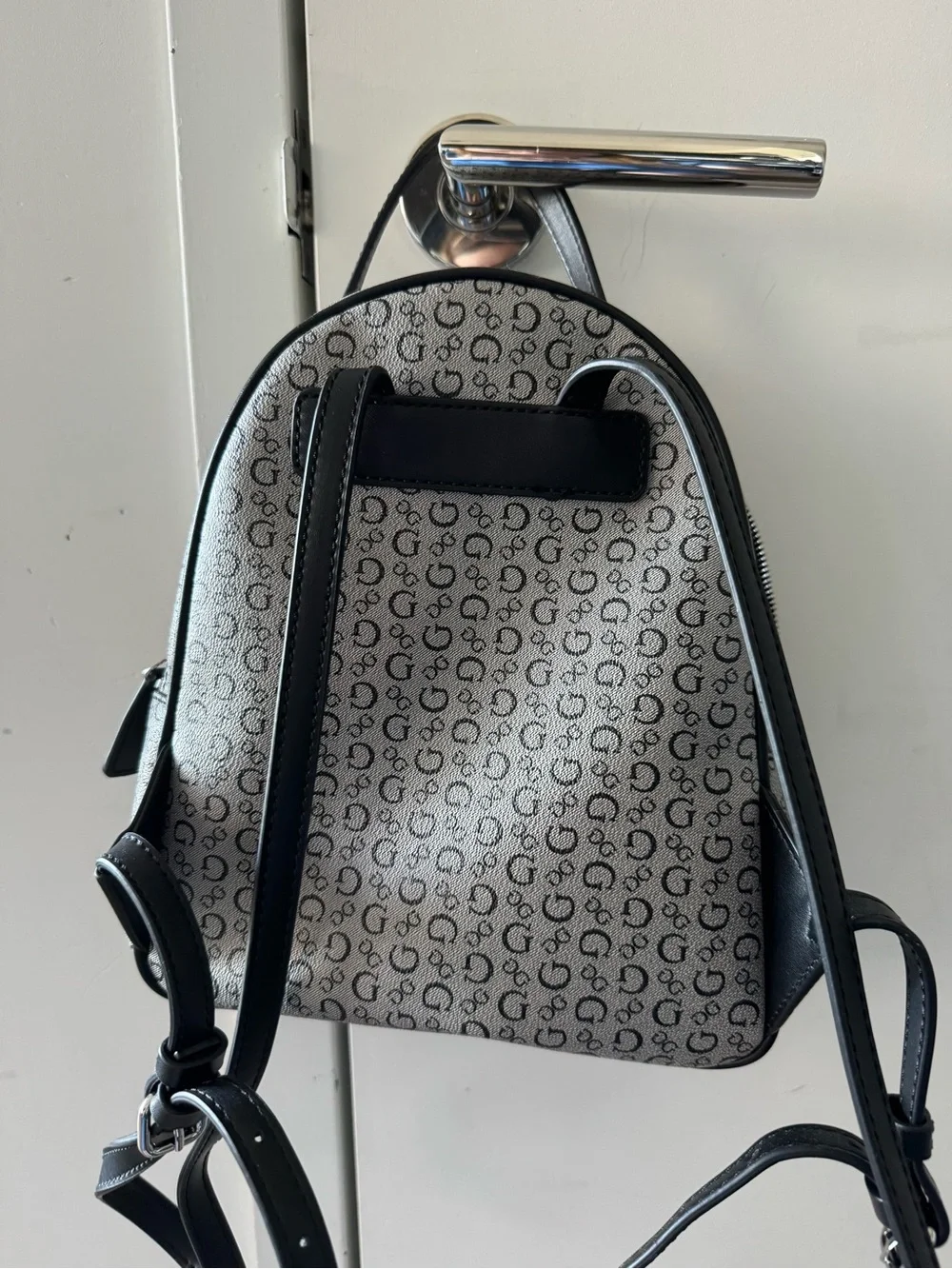 GUESS Gray Monogram Mini Backpack with Black Trim and Gold Logo